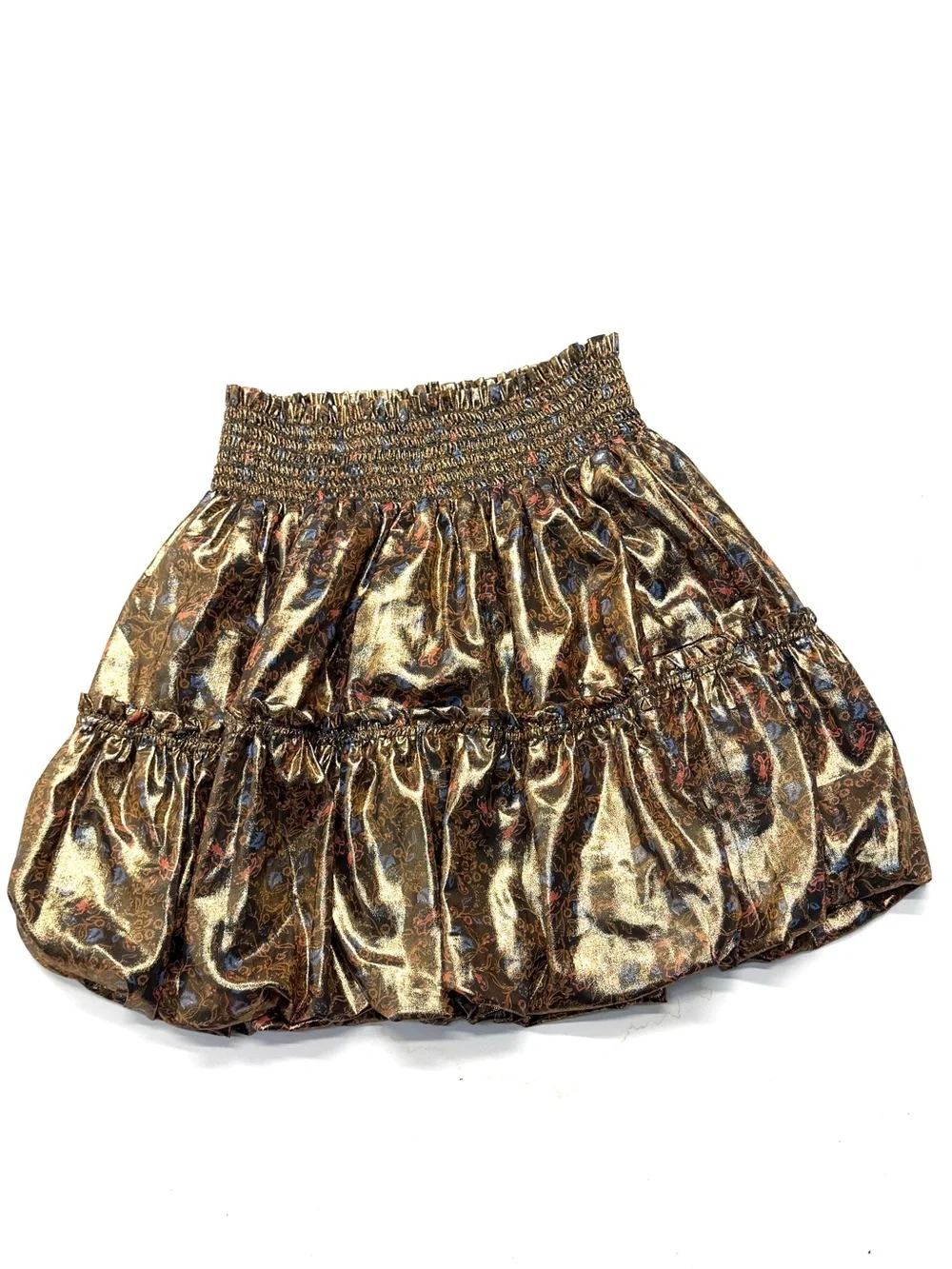 Free People In A Bubble Metallic Gold Floral Foil Print Tiered Mini Skirt